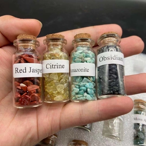 Set of 4 glass wishing bottles with natural red jasper, citrine, amazonite, and obsidian