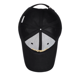 Internal view of a black cotton baseball cap showing 6-panel structure and sweatband