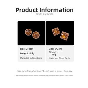 Detailed size and weight specs for vintage amber resin square and round stud earrings