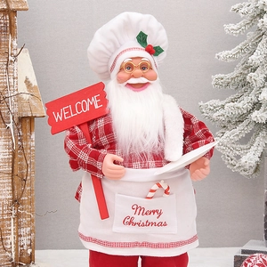 Christmas Santa chef figurine with red checkered shirt and welcome sign holiday decor