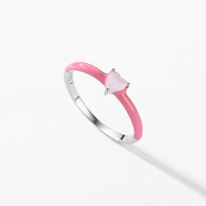S925 sterling silver ring with pink heart zircon and enamel coating for women