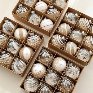 Christmas Ball Ornaments Set Plastic Hanging Decorative Baubles With Burlap Lace Faux Artificial Pearl For Holiday Tree Decoration