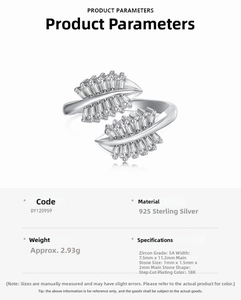 Detail of S925 sterling silver ring featuring marquise zircon leaf design and dimensions