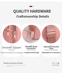 Quality light gold hardware details showing smooth double zippers and adjustable strap buckles