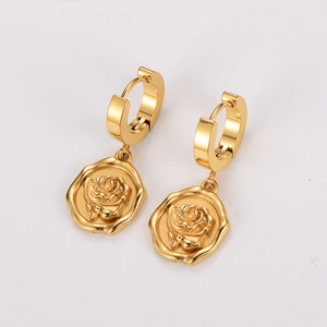 Vintage gold stainless steel hoop earrings with embossed rose pendant for women