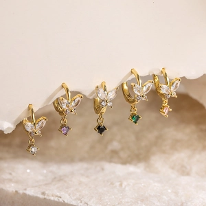 Butterfly Dangle Hoop Earrings Copper Colorful Zirconia Inlay Elegant Jewelry For Women