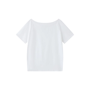 Flat lay of a white off-the-shoulder short-sleeved t-shirt with a minimalist slash neck