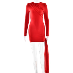 Elegant red long sleeve mini dress with ruching details and side tie drape design