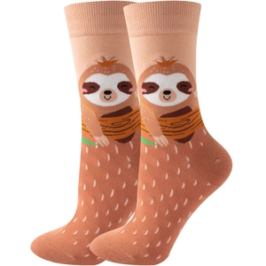 Detailed view of mid-calf socks featuring a sloth pattern and peach brown gradient colors