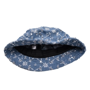 Kids denim bucket hat with floral embroidery, sequins, and retro frayed edges in blue