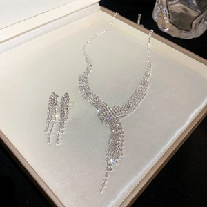 Sparkling silver rhinestone tassel necklace and earrings jewelry set in a luxury gift box