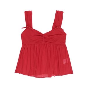 Detail of red mesh chiffon top with pleated chest design and cute bow decoration