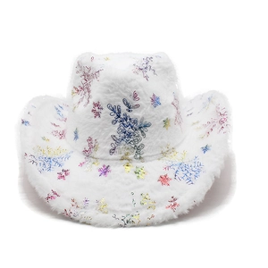White Christmas cowboy hat with plush texture and colorful metallic snowflake patterns