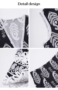 Detail view of bohemian tank top featuring white lace trim and tribal print on black fabric