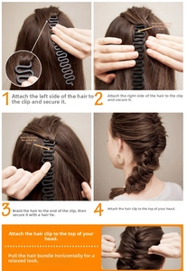 Detailed four-step guide for using a flexible S-shaped hair braider tool for French braids