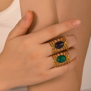 Adjustable gold stainless steel multi-band rings with purple and green stone inlays