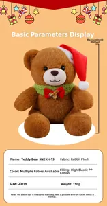Teddy bear plush with Christmas hat and scarf showing 23cm size and material details