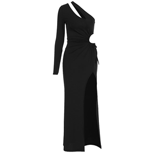 Detail of black one-shoulder dress with side waist cutout and drawstring detail