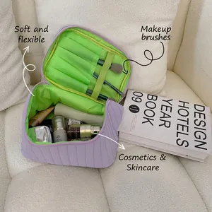 Quilted Cosmetic Bag Large Capacity Portable Toiletry Pouch With Ruched Handle Contrast Color Soft Makeup Organizer