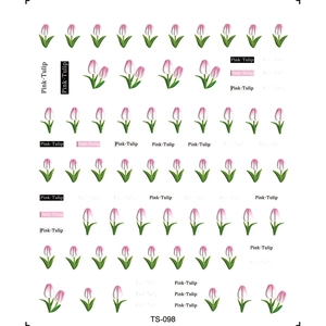 Détail d'autocollants 5D pour ongles tulipes roses avec feuilles et texte floral