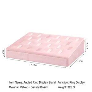 Pink velvet ring display stand with dimensions 19.5x15x4.5cm for jewelry presentation