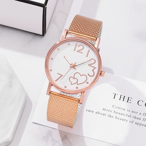 Elegant rose gold mesh strap watch with heart-shaped dial pattern for women