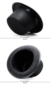 Detail view of 13cm high black top hat showing dimensions and satin band structure