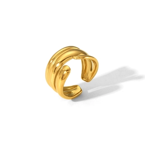 Irregular hammered gold titanium steel ring with multilayer streamlined open design