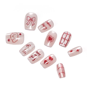 Sweet pink cat eye press-on nails with cartoon puppy and heart bow patterns