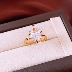 Elegant gold plated oval cubic zirconia adjustable ring in luxury jewelry gift box