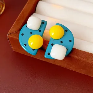 Polka dot resin geometric half-round earrings with colorful square and round accents