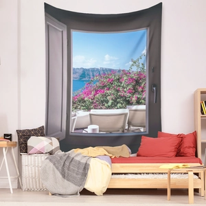 Scenic Mediterranean landscape tapestry with blue sea and pink bougainvillea wall decor