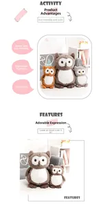 Detailed view showing soft plush owl toys in three colors with eco-friendly long pile fabric