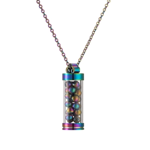 Rainbow stainless steel perfume bottle pendant necklace filled with colorful glass beads