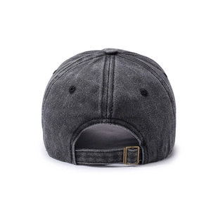 Vintage washed charcoal baseball cap with distressed details and adjustable metal buckle