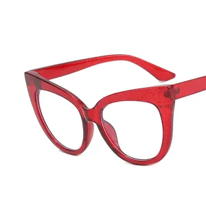 Red cat eye glasses frame with glitter finish and anti-blue light clear lenses