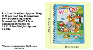Detailed size specifications for a reusable children's water coloring book featuring animals