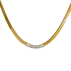 Gold-plated snake chain necklace featuring a centered row of baguette-cut zircon stones