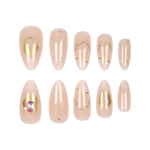 Nude almond press-on nails with gold foil, abstract lines, and colorful rhinestone accents
