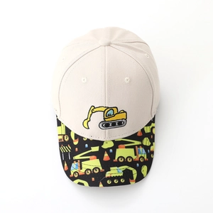 Kids baseball cap with excavator embroidery and cartoon printed brim in beige and black