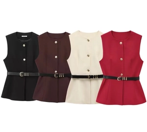 Blazer sans manches pour femme en quatre couleurs avec boutons dorés et ceinture noire
