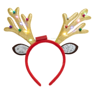Close-up of LED reindeer antlers with gold glitter, colorful lights and bells