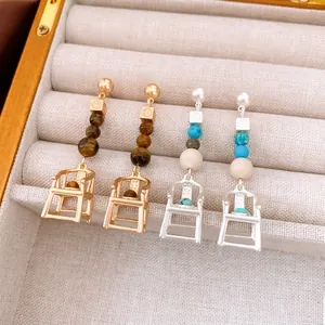 Novelty 3D High Chair Pendant Dangle Earrings With 925 Sterling Silver Earring Post Copper Stone Bead Vintage Niche Women
