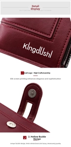 Close-up of burgundy PU leather wallet featuring metal magnetic clasp and brand logo detail