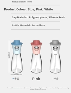 Trois flacons pulvérisateurs en verre de 150ml en bleu, rose et blanc pour cuisine