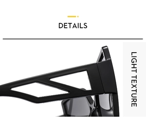 Detailed macro view of black cat-eye sunglasses featuring unique hollowed-out temple design