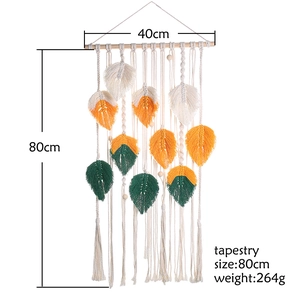 Bohemian handmade macrame wall hanging with nine woven leaves and wooden beads, 40x80cm