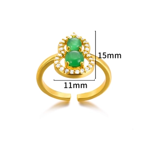 Luxury gold open ring with green gourd gemstones and sparkling diamonds, 15mm height