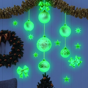 Luminous Christmas Wall Stickers Glow In The Dark PVC Decals Holiday Ball Stars Bow Pattern Festive Home Decor Self Adhesive