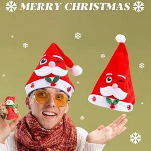 Thickened red plush Santa hat with cartoon winking Santa Claus and white pom-pom detail